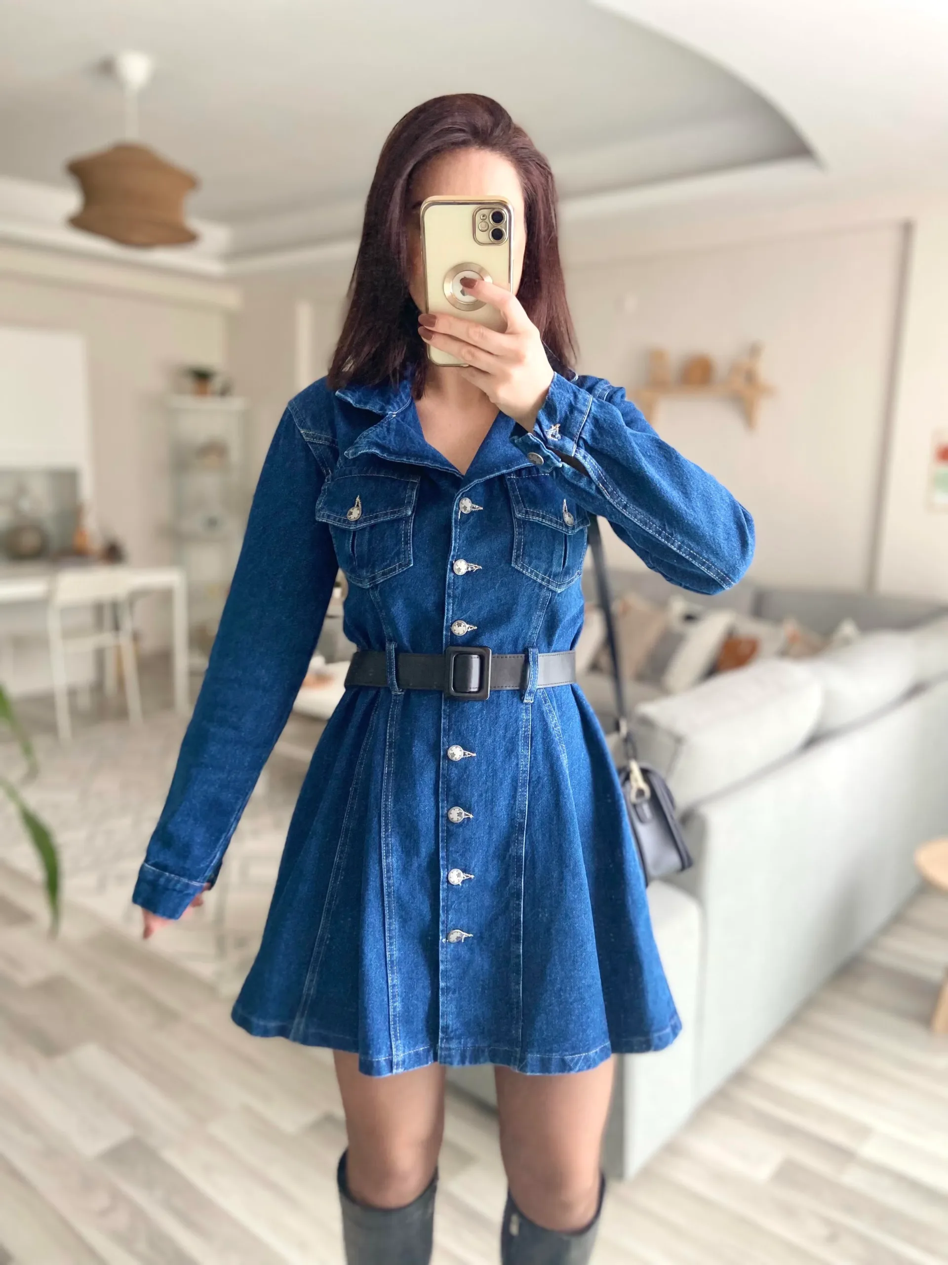 Kemerli Düğmeli Kot Elbise