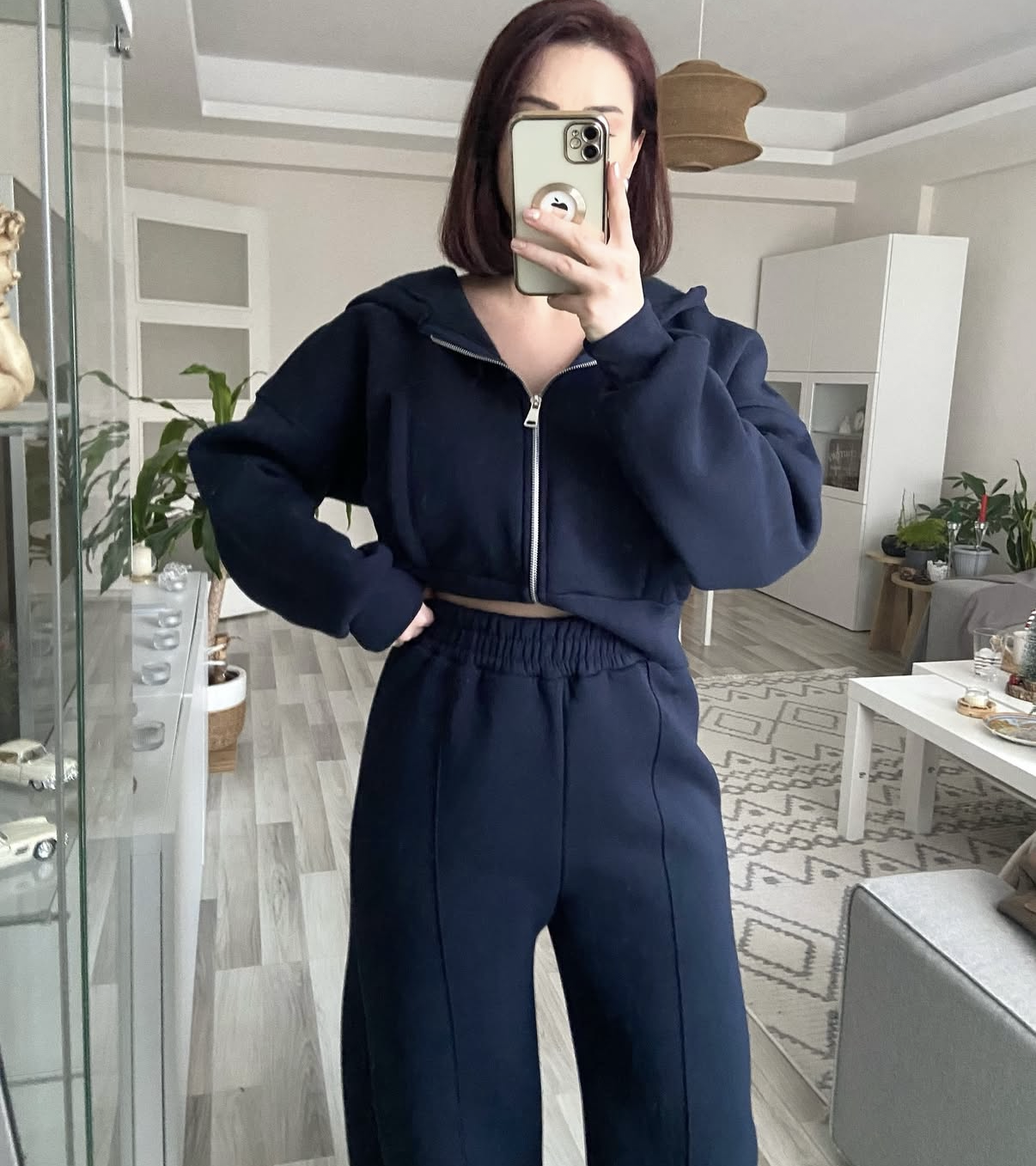 Lacivert Üç İplik Şardonlu Beli Lastikli Kapüşonlu Eşofman Takımı