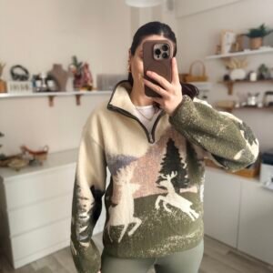 Peluş Geyik Detaylı Şardonlu Fermuarlı Oversize Sweatshirt