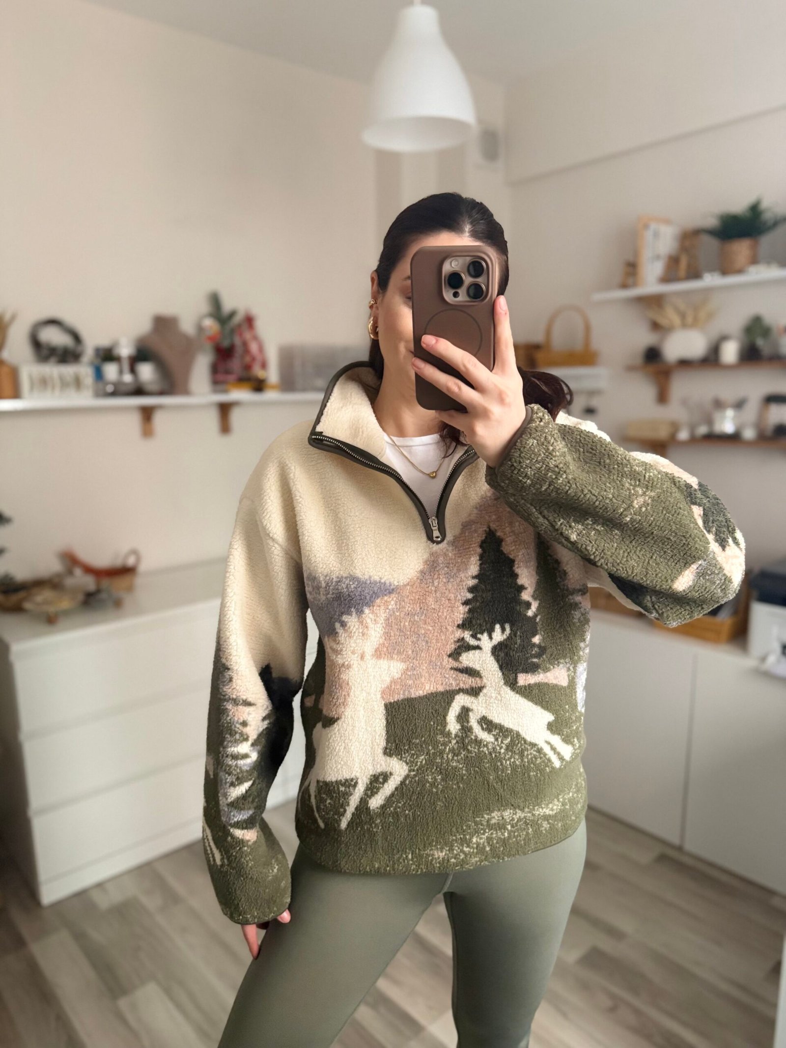 Peluş Geyik Detaylı Şardonlu Fermuarlı Oversize Sweatshirt