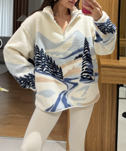 Peluş Çam Ağacı Detaylı Şardonlu Fermuarlı Oversize Sweatshirt