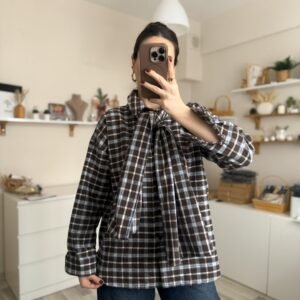 ŞAL DETAYLI OVERSIZE KARELİ EKOSELİ GÖMLEK MAVİ