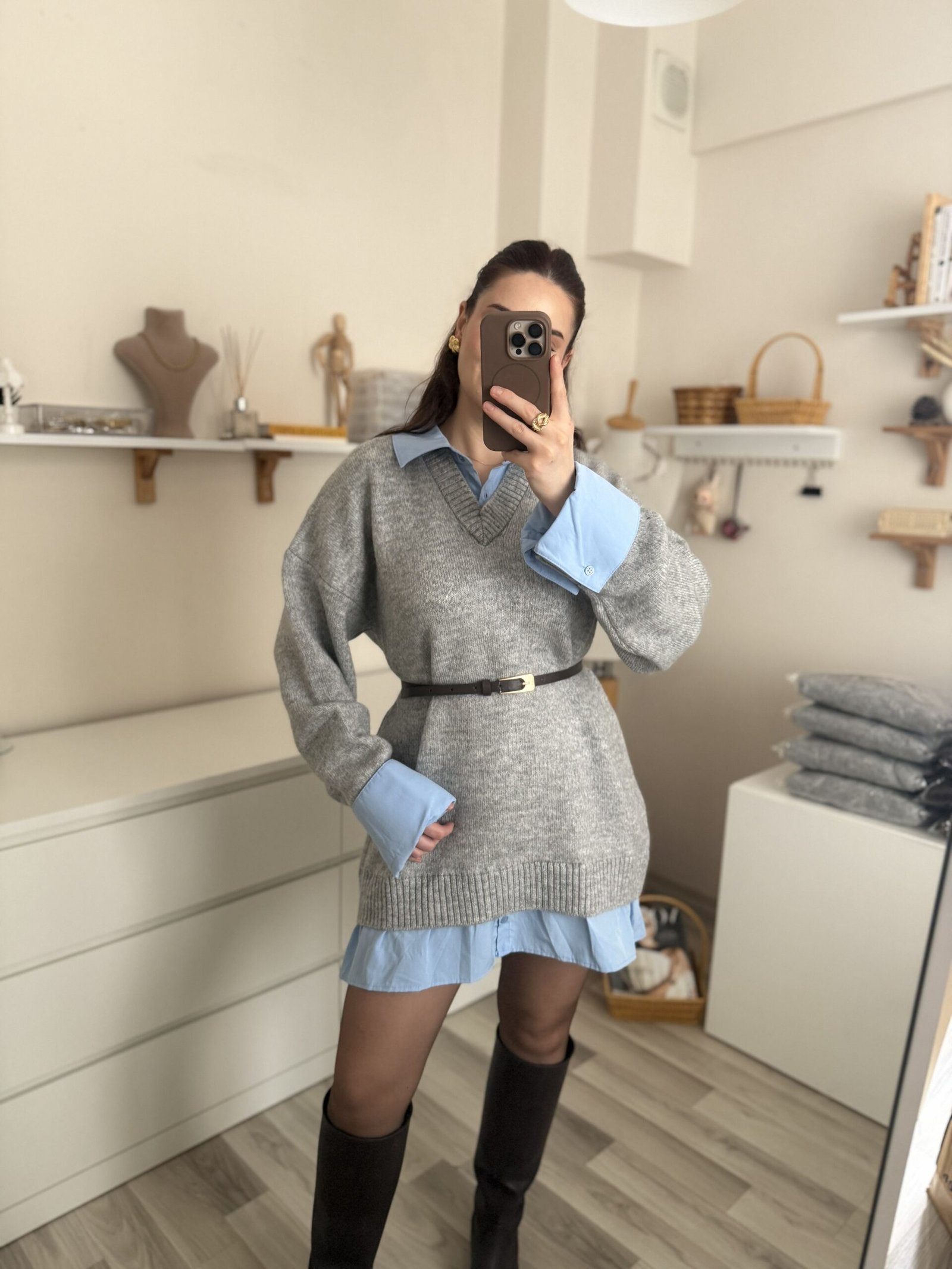 Gömlek Detaylı Triko Tunik Elbise Gri