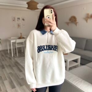 Kadın Jean Detaylı Nakışlı Yakalı 3 İplik Şardonlu Sweatshirt