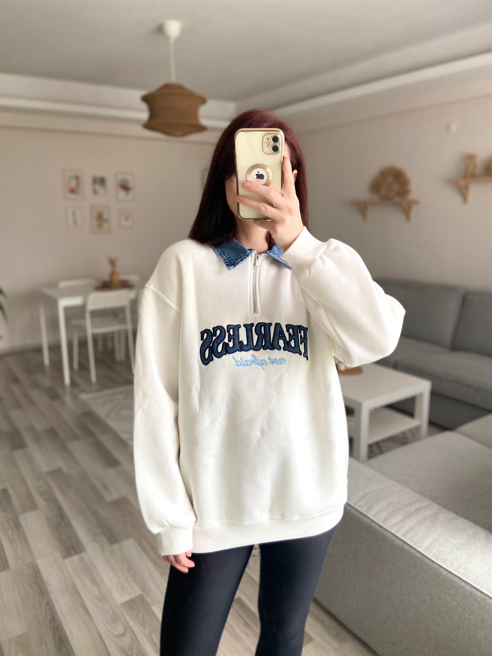 Kadın Jean Detaylı Nakışlı Yakalı 3 İplik Şardonlu Sweatshirt
