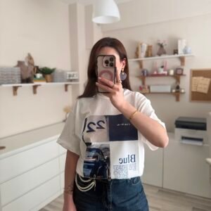 Blue Baskılı Oversize Kadın Tişört