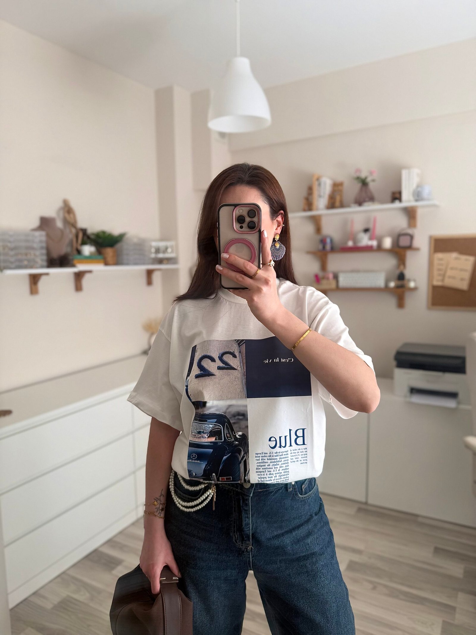 Blue Baskılı Oversize Kadın Tişört