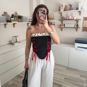Straplez Bağcıklı Kot Puantiye Ve Kırmızı Kurdele Detaylı Tasarım Korse Bluz
